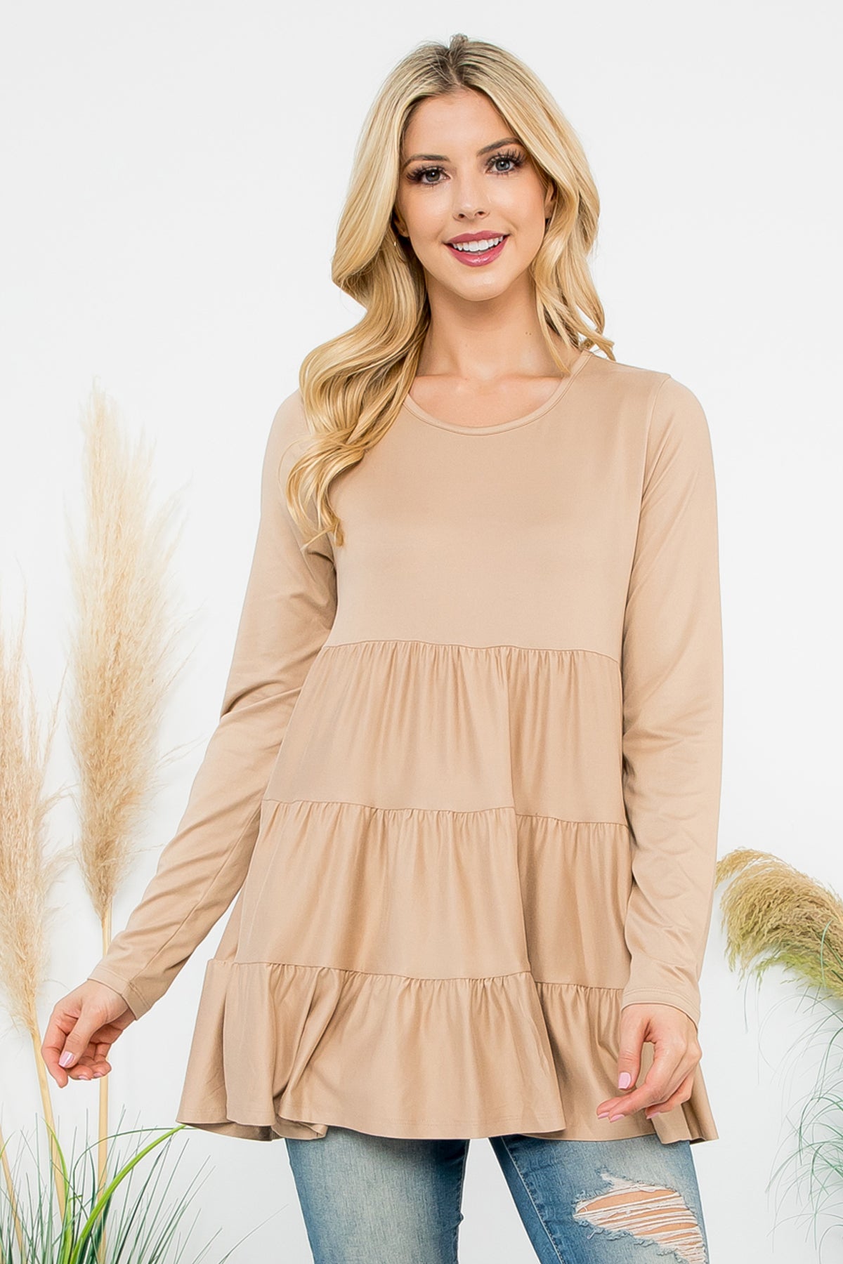 SOLID LONG SLEEVE TIERED TOP 1-1-1-1