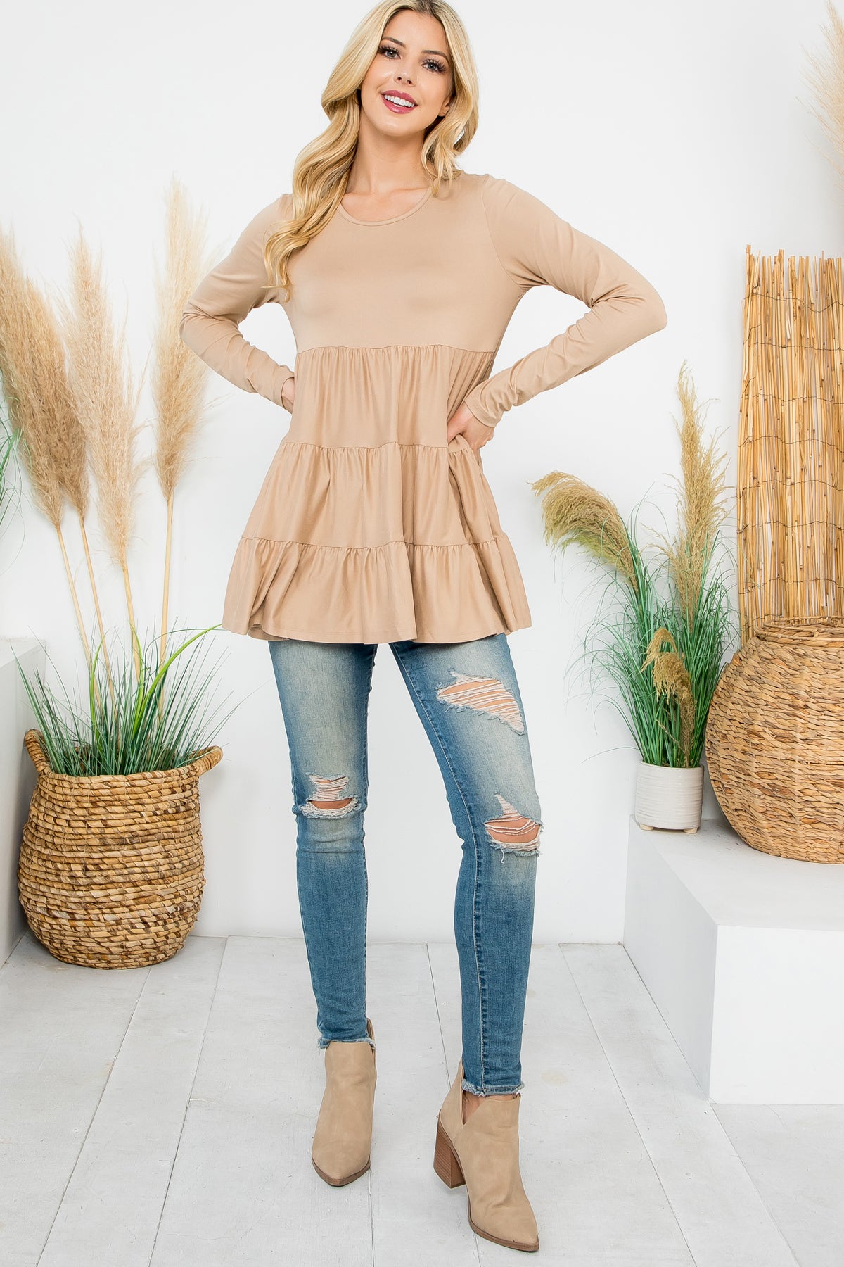 SOLID LONG SLEEVE TIERED TOP 1-1-1-1