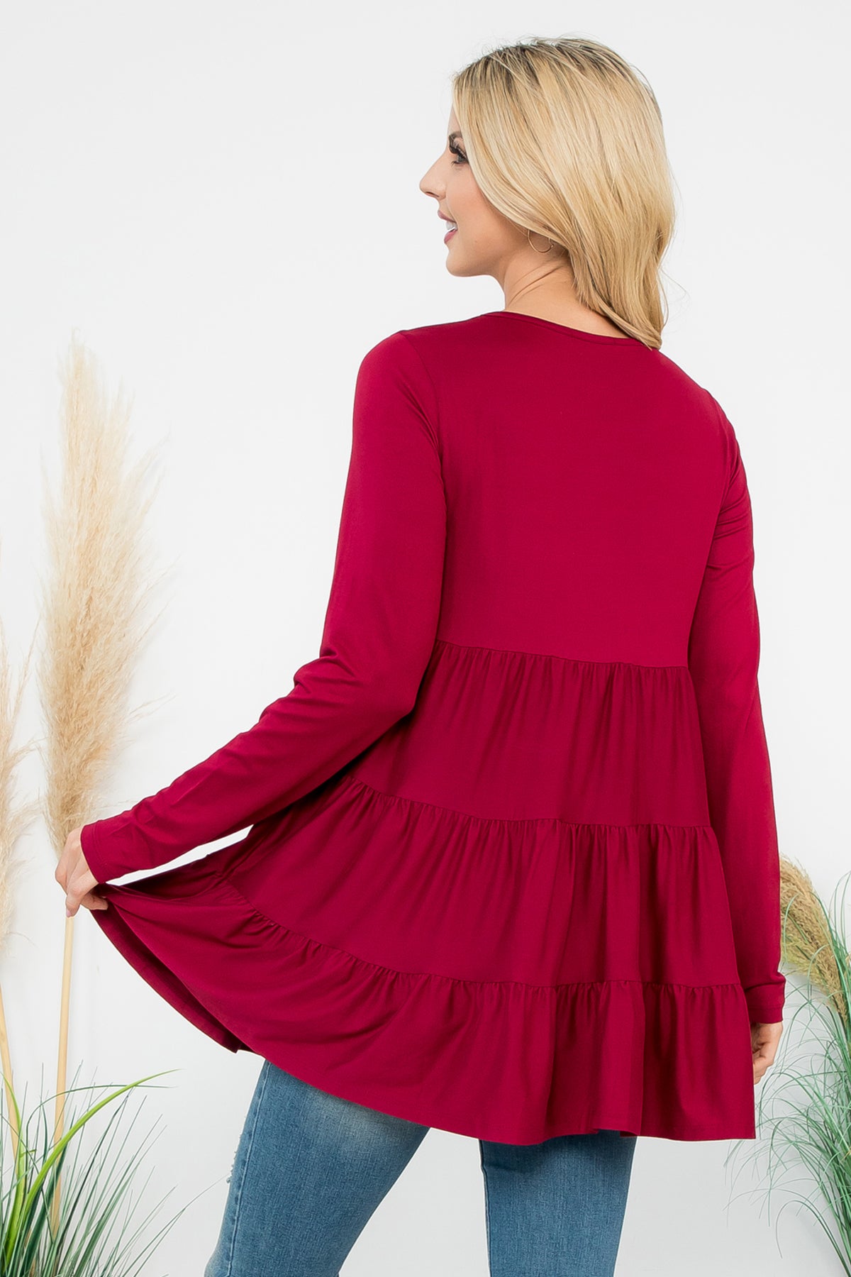 SOLID LONG SLEEVE TIERED TOP 1-1-1-1