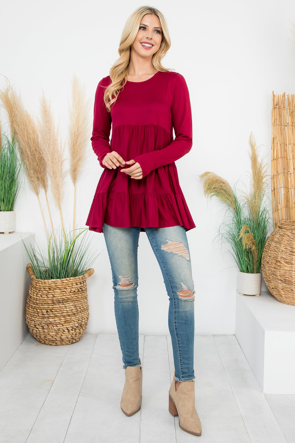 SOLID LONG SLEEVE TIERED TOP 1-1-1-1