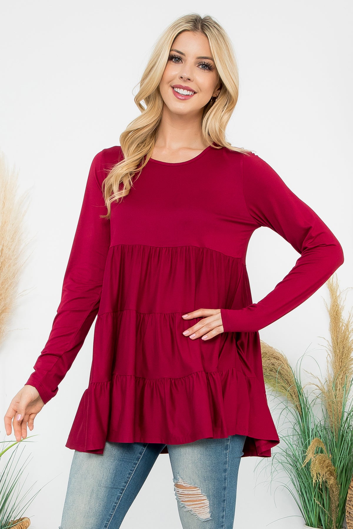 SOLID LONG SLEEVE TIERED TOP 1-1-1-1