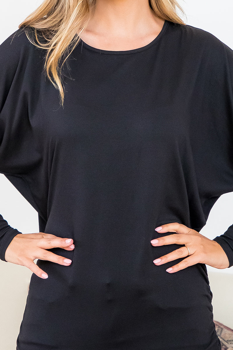 YMT20007-SOLID DOLMAN SLEEVE SIDE ELASTIC SHIRRING DETAIL TOP 2-0-0-0