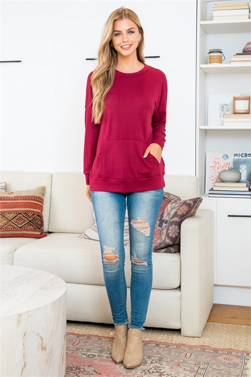 YMT20011X-PLUS SIZE SOLID FRENCH TERRY LONG SLEEVE TOP WITH KANGAROO POCKET 3-1-0