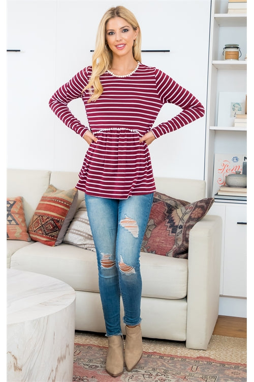 YMT20020X-POMPOM DETAIL LONG SLEEVE STRIPES TOP 2-1-0
