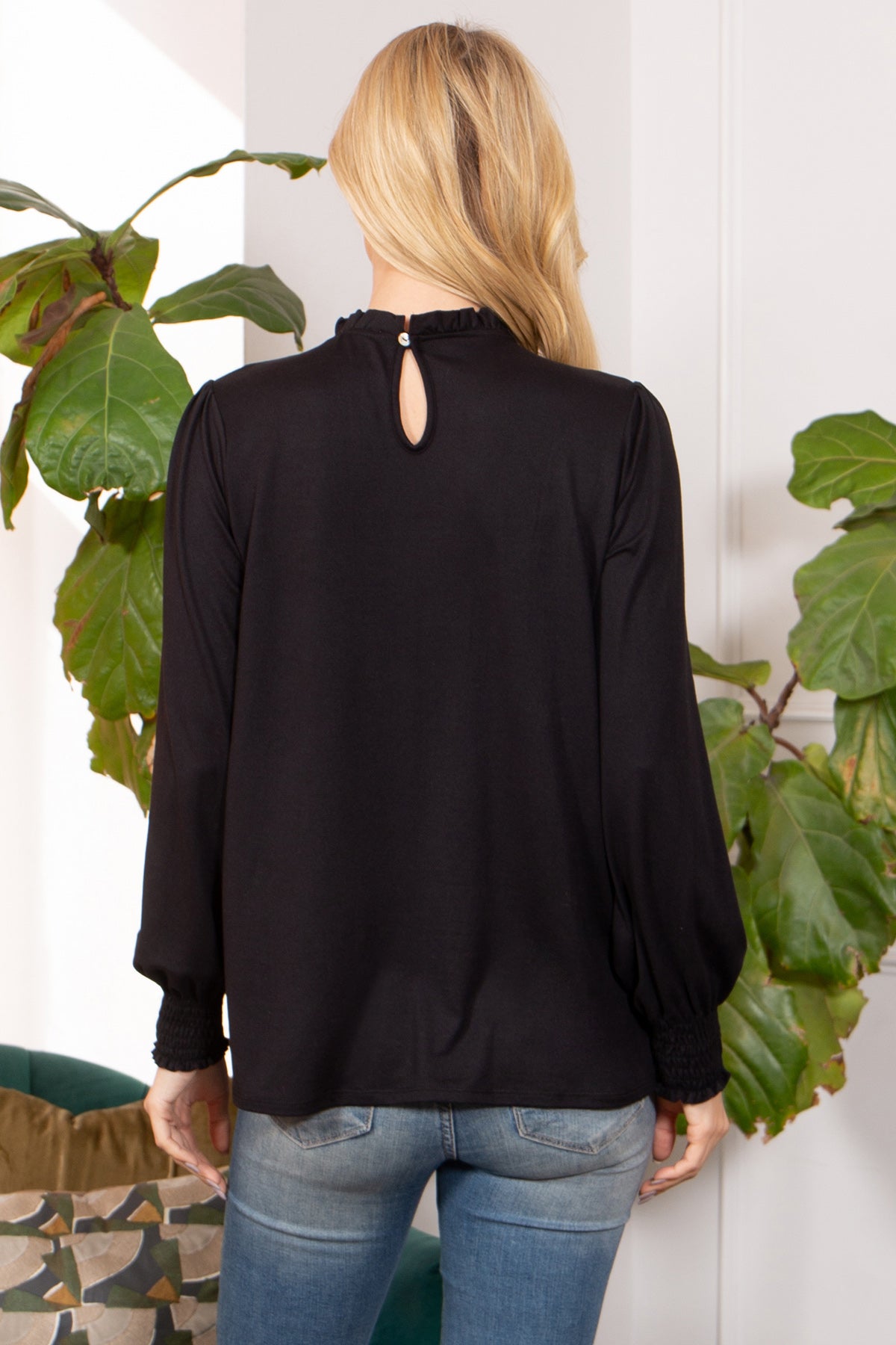 YMT20026-FOLD FRILL NECKLINE LONG SLEEVE SOLID TOP 2-0-0-0