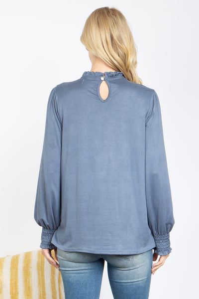 YMT20026-FOLD FRILL NECKLINE LONG SLEEVE SOLID TOP 0-1-1-2