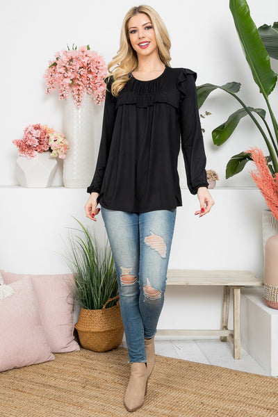 YMT20037-SOLID LONG SLEEVE RUFFLE DETAIL TOP 5-8-6-10