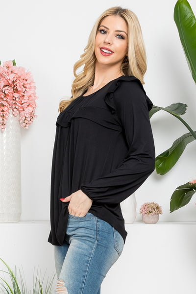 YMT20037-SOLID LONG SLEEVE RUFFLE DETAIL TOP 5-8-6-10