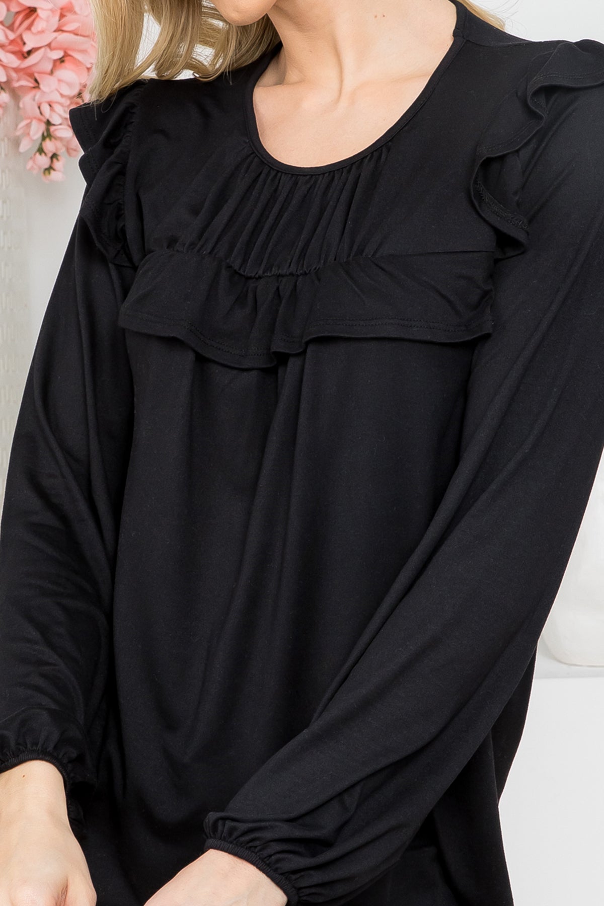 YMT20037-SOLID LONG SLEEVE RUFFLE DETAIL TOP 5-8-6-10