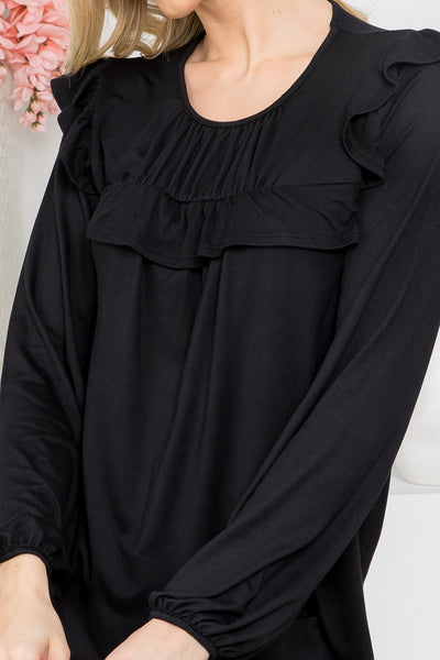 YMT20037-SOLID LONG SLEEVE RUFFLE DETAIL TOP 5-8-6-10