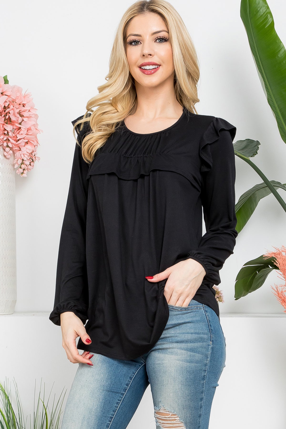 YMT20037-SOLID LONG SLEEVE RUFFLE DETAIL TOP 5-8-6-10