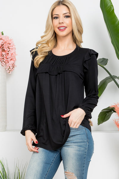 YMT20037-SOLID LONG SLEEVE RUFFLE DETAIL TOP 5-8-6-10