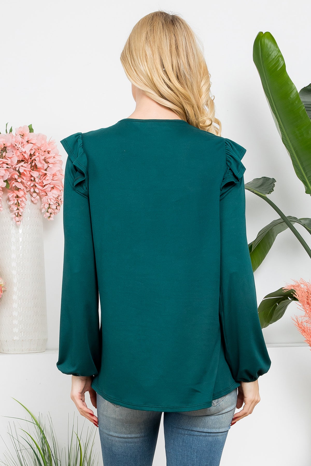 YMT20037-SOLID LONG SLEEVE RUFFLE DETAIL TOP 2-2-5-4