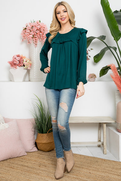 YMT20037-SOLID LONG SLEEVE RUFFLE DETAIL TOP 2-2-5-4