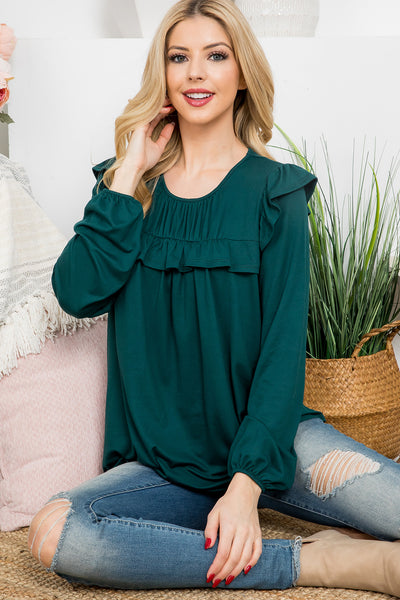 YMT20037-SOLID LONG SLEEVE RUFFLE DETAIL TOP 2-2-5-4