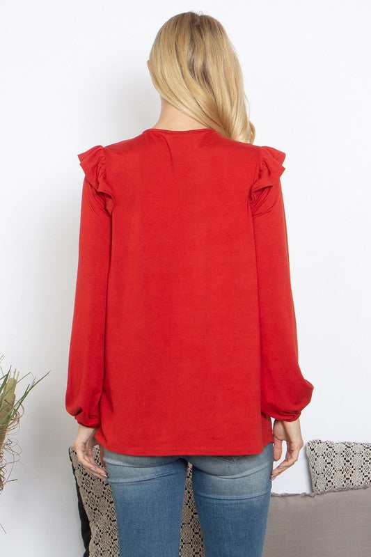 YMT20037-SOLID LONG SLEEVE RUFFLE DETAIL TOP 2-1-2-0
