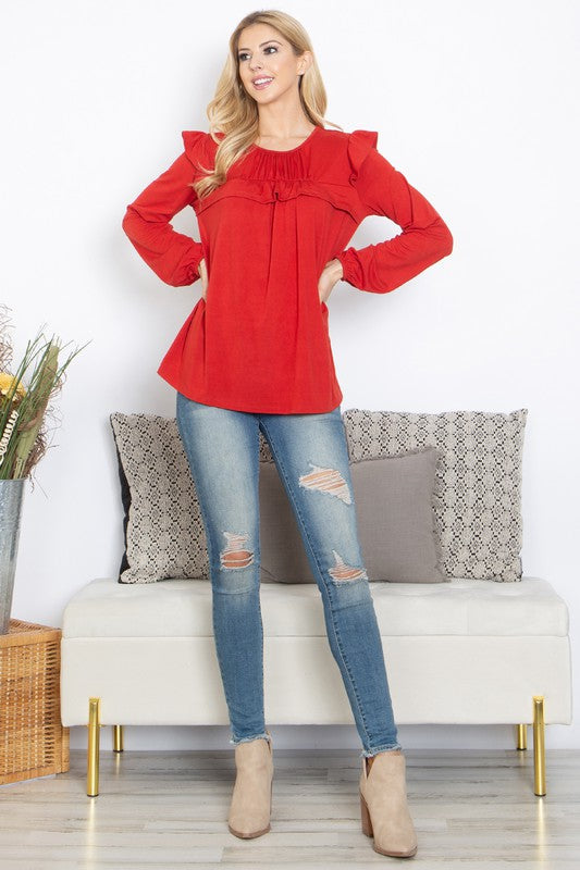 YMT20037-SOLID LONG SLEEVE RUFFLE DETAIL TOP 2-1-2-0
