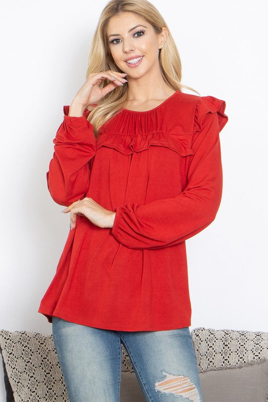 YMT20037-SOLID LONG SLEEVE RUFFLE DETAIL TOP 2-1-2-0