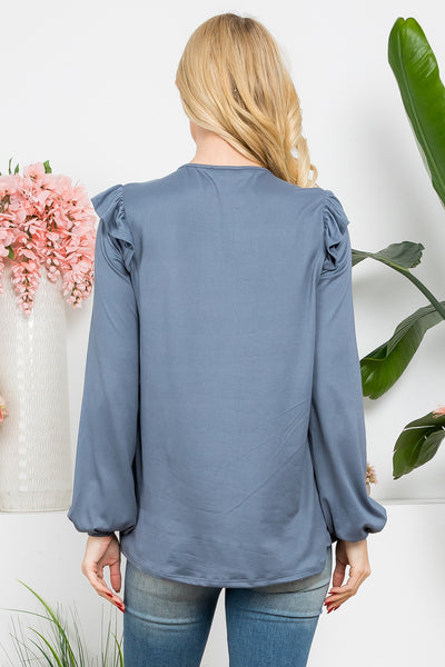 YMT20037-SOLID LONG SLEEVE RUFFLE DETAIL TOP 5-11-12-10
