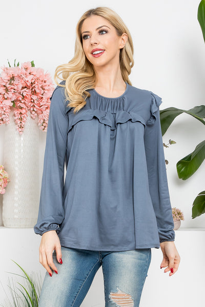 YMT20037-SOLID LONG SLEEVE RUFFLE DETAIL TOP 5-11-12-10
