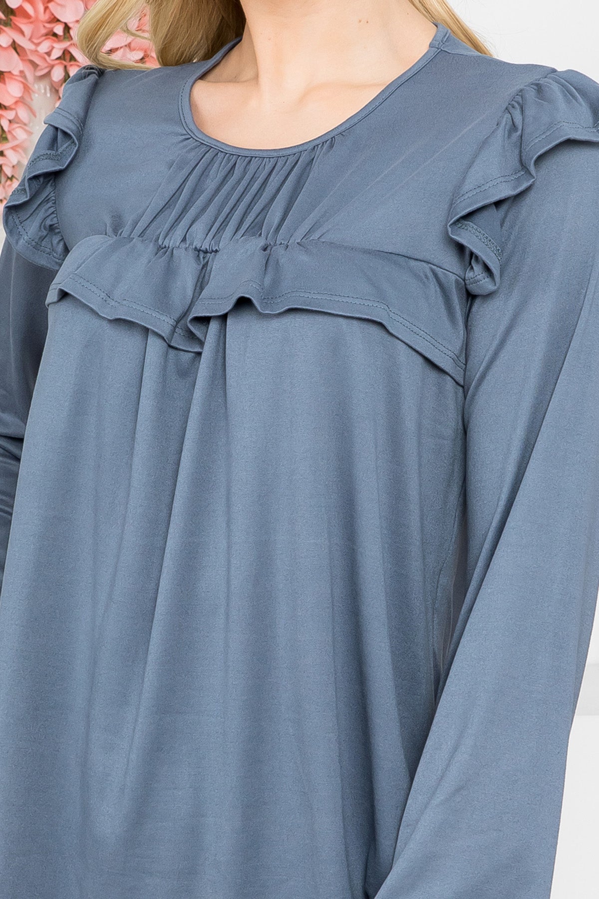 YMT20037-SOLID LONG SLEEVE RUFFLE DETAIL TOP 5-11-12-10