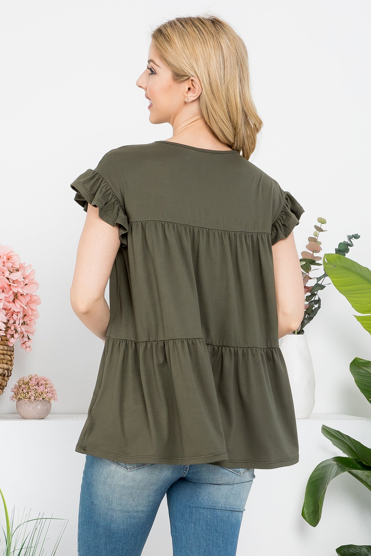 TIERED RUFFLE SOLID SWING TOP  1-2-2-2