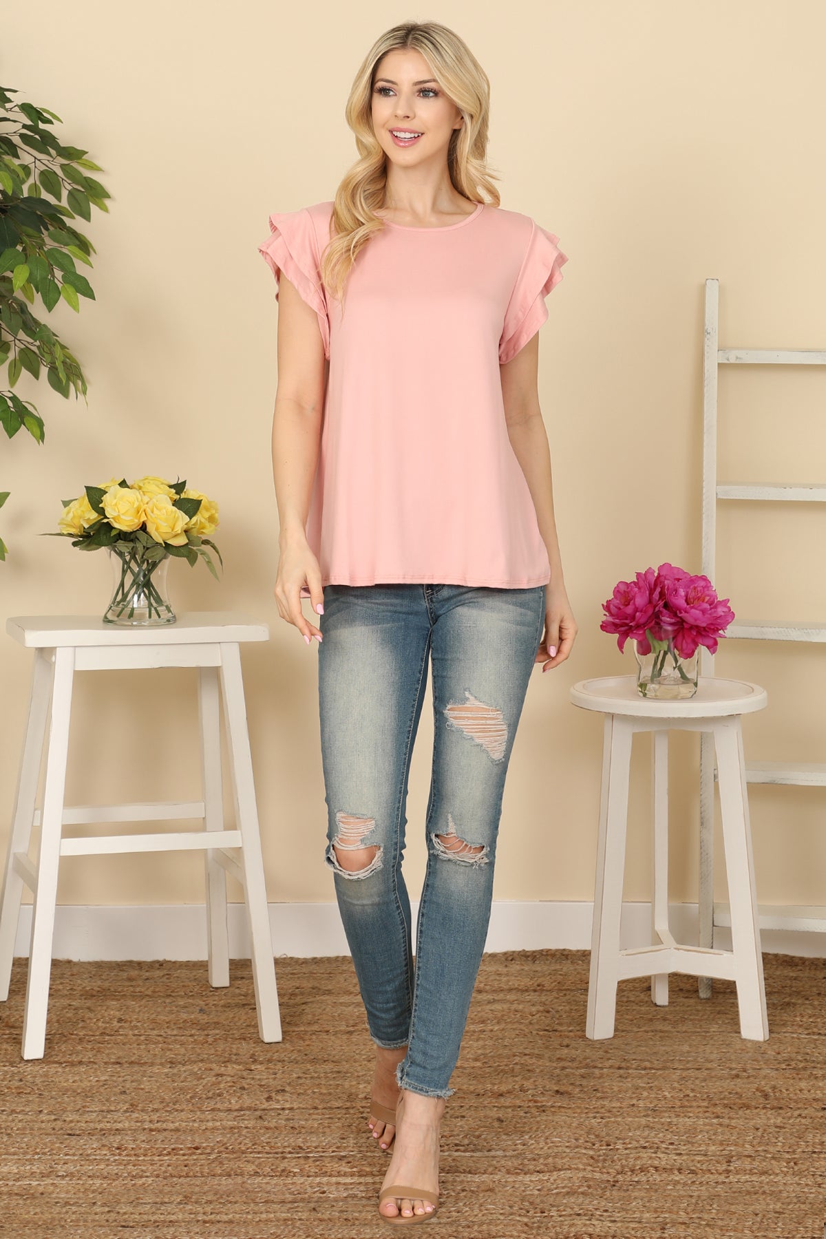 YMT20046X-PLUS SIZE LAYERED RUFFLE SHORT SLEEVE SOLID TOP 1-0-1