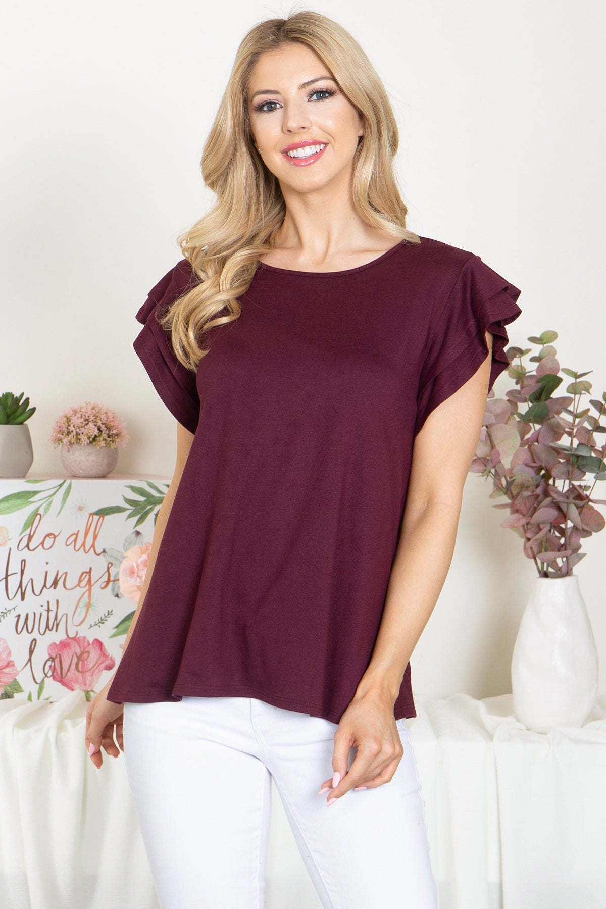 YMT20046-LAYERED RUFFLE SHORT SLEEVE SOLID TOP 0-2-2-2