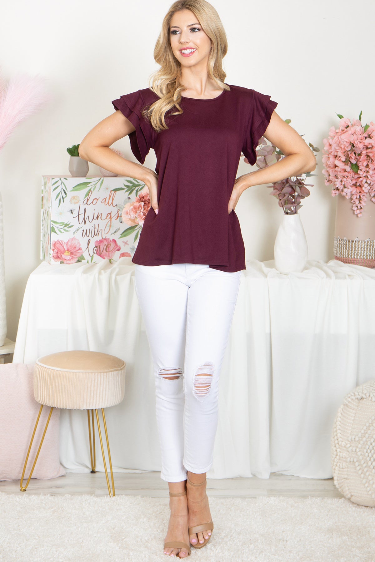 YMT20046-LAYERED RUFFLE SHORT SLEEVE SOLID TOP 0 1-0-0