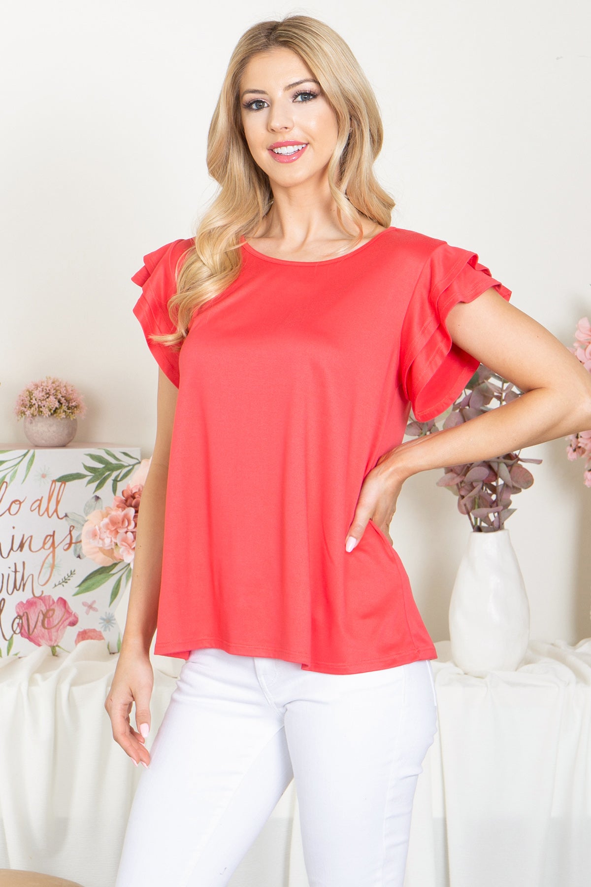 YMT20046X-PLUS SIZE LAYERED RUFFLE SHORT SLEEVE SOLID TOP 1-0-0