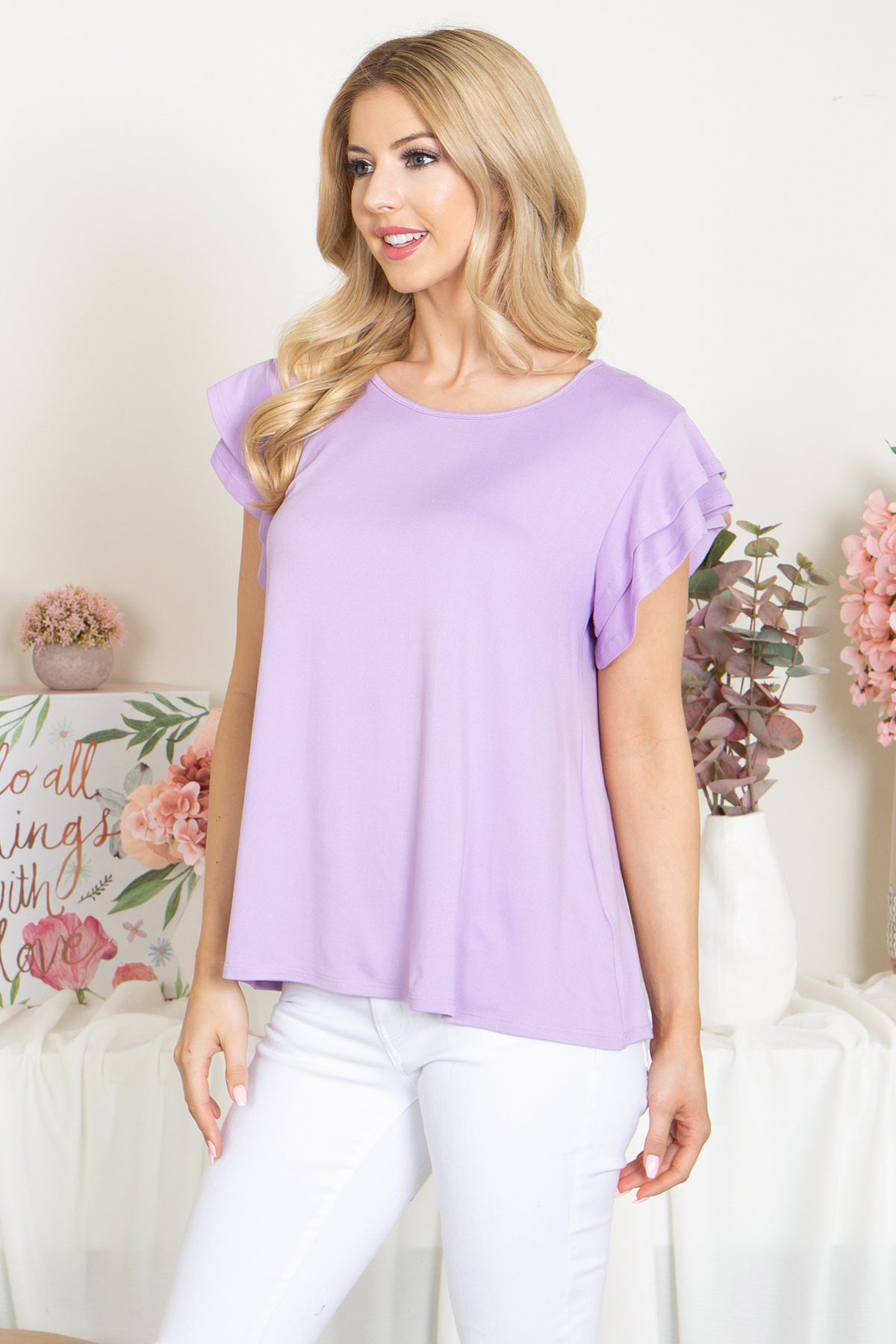 YMT20046X-PLUS SIZE LAYERED RUFFLE SHORT SLEEVE SOLID TOP 2-0-0