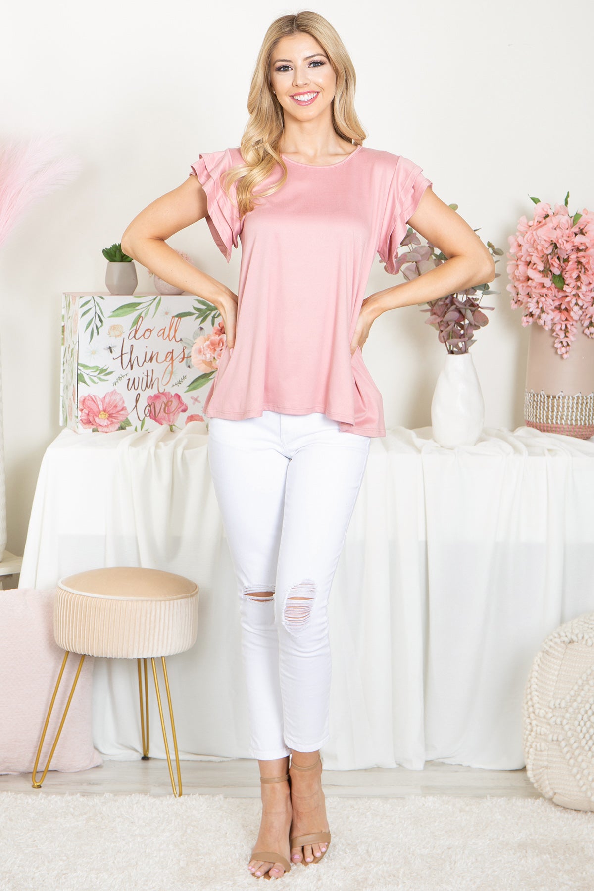 YMT20046X-PLUS SIZE LAYERED RUFFLE SHORT SLEEVE SOLID TOP 2-0-0