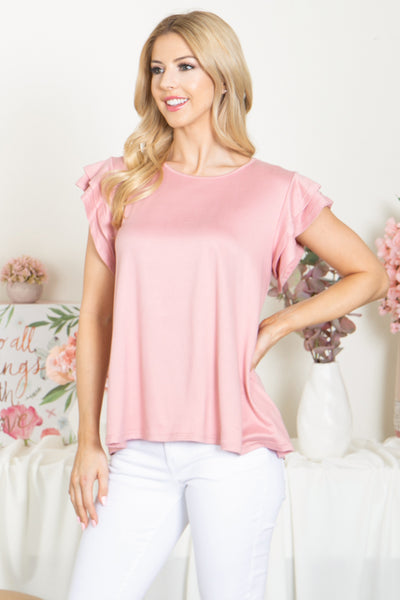 YMT20046-LAYERED RUFFLE SHORT SLEEVE SOLID TOP 0-4-0-0