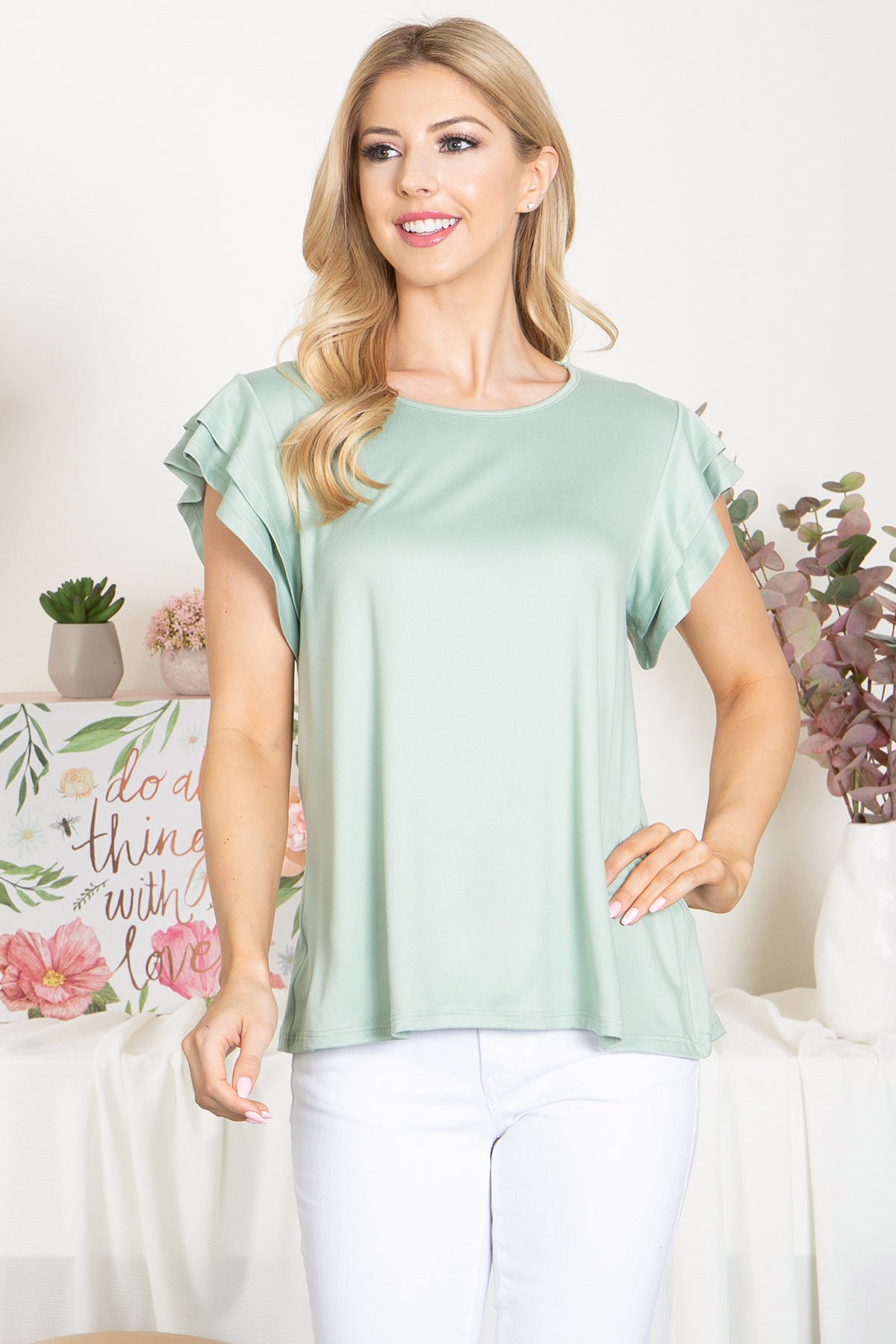 YMT20046-LAYERED RUFFLE SHORT SLEEVE SOLID TOP 1-2-2-2