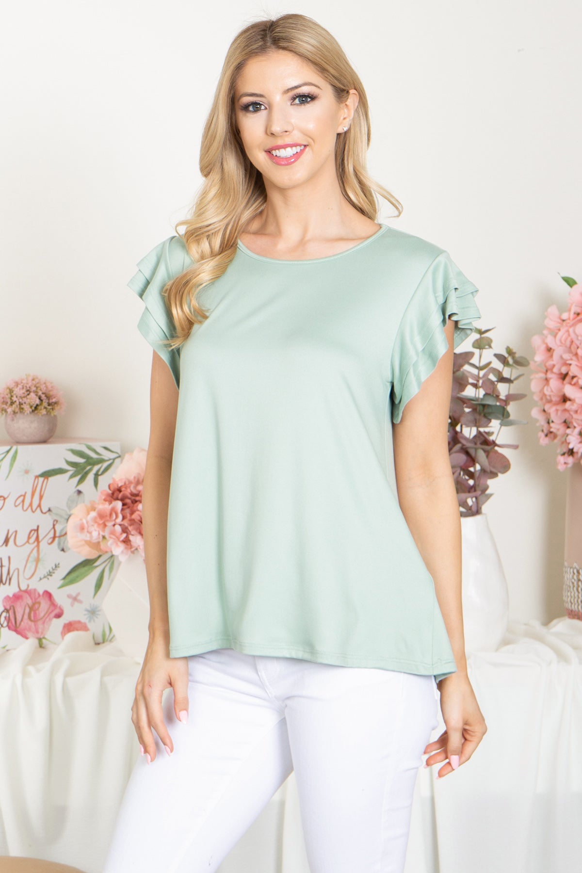 YMT20046-LAYERED RUFFLE SHORT SLEEVE SOLID TOP 1-2-2-2