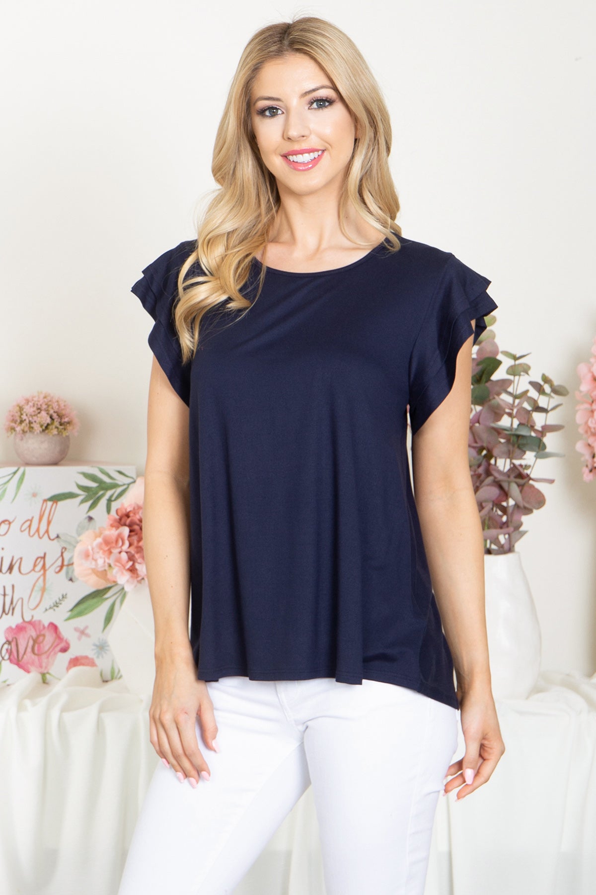 YMT20046X-PLUS SIZE LAYERED RUFFLE SHORT SLEEVE SOLID TOP 2-1-0