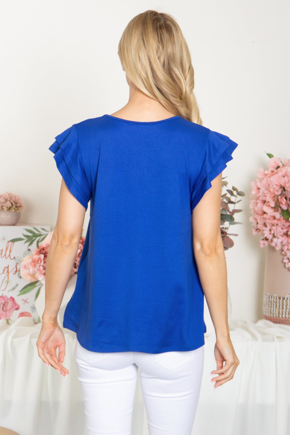 YMT20046-LAYERED RUFFLE SHORT SLEEVE SOLID TOP 3-5-0-3