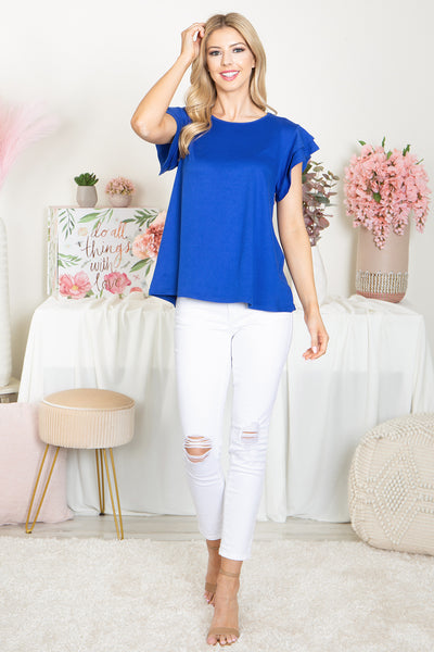 YMT20046-LAYERED RUFFLE SHORT SLEEVE SOLID TOP 3-5-0-3