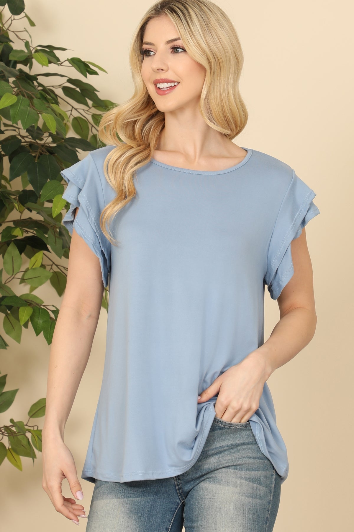 LAYERED RUFFLE SHORT SLEEVE SOLID TOP 1-2-2-2