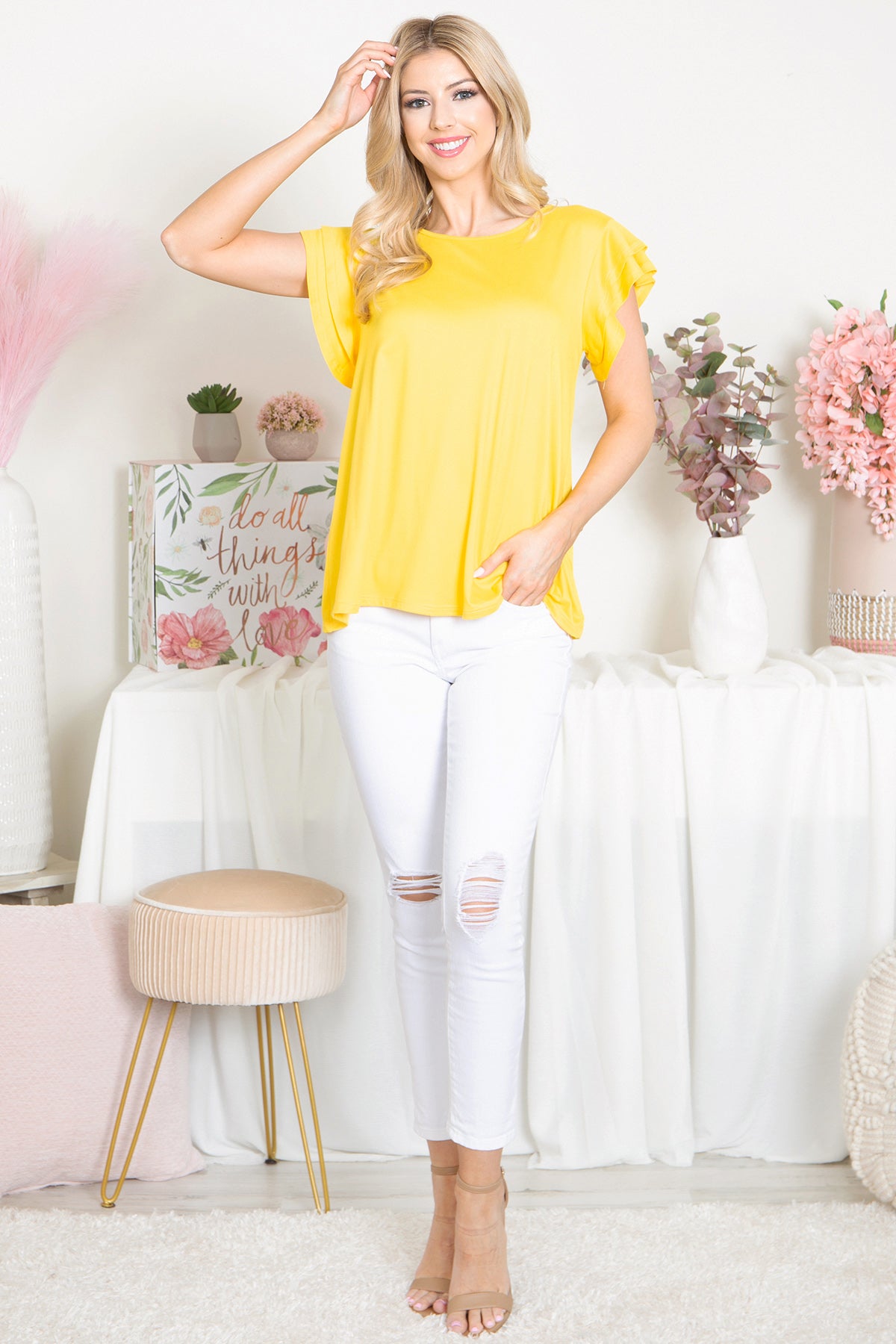 YMT20046X- PLUS SIZE LAYERED RUFFLE SHORT SLEEVE SOLID TOP 3-1-1