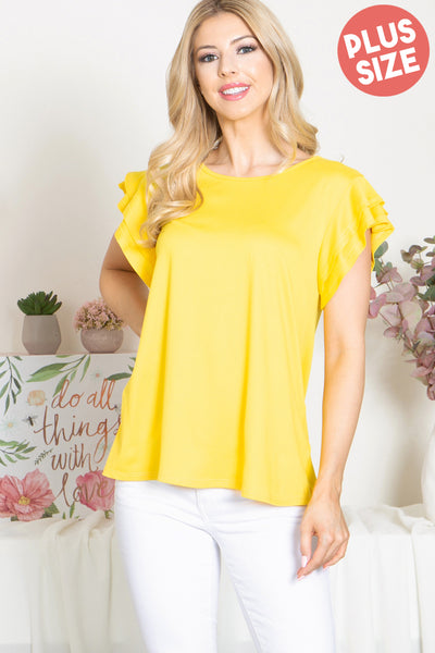 YMT20046X- PLUS SIZE LAYERED RUFFLE SHORT SLEEVE SOLID TOP 3-1-1