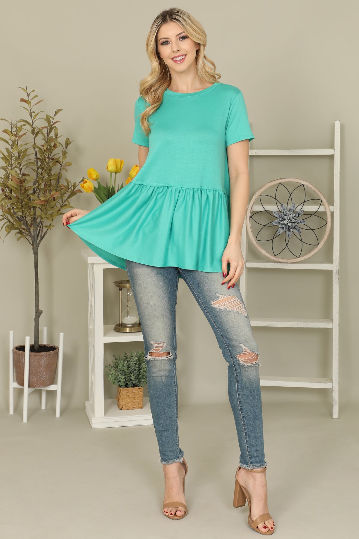 SOLID PEPLUM WAIST TOP- AQUA 1-2-2-2