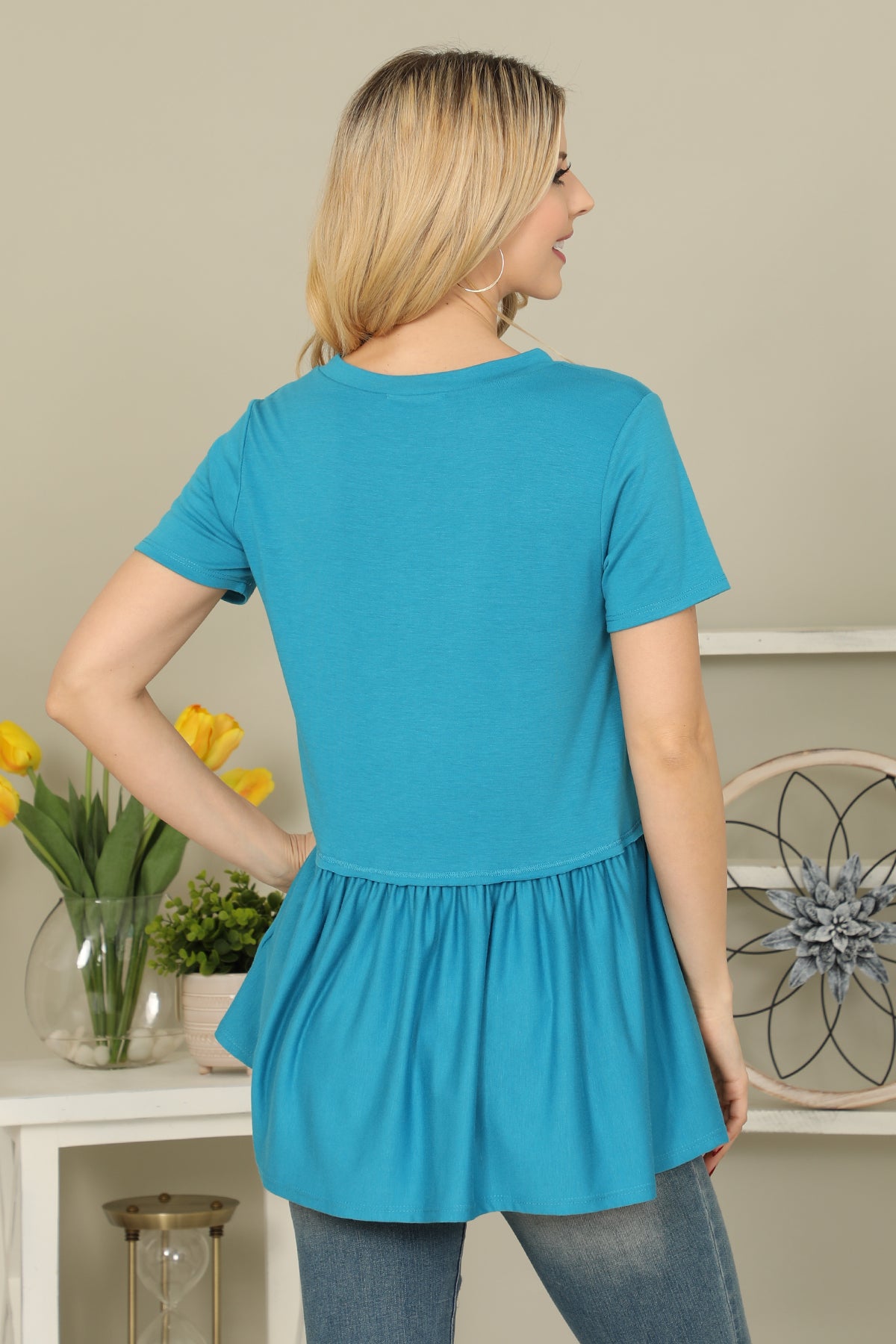 SOLID PEPLUM WAIST TOP- AQUA 1-2-2-2