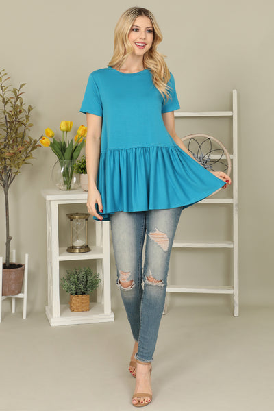 SOLID PEPLUM WAIST TOP- AQUA 1-2-2-2