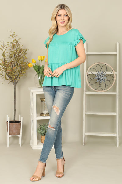 SOLID RUFFLE SLEEVE TIERED TOP 1-2-2-2