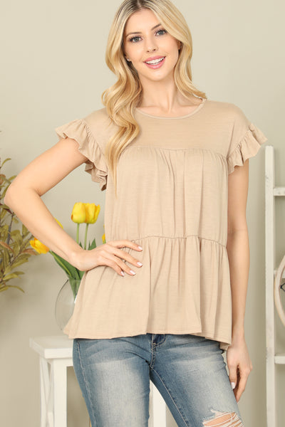 SOLID RUFFLE SLEEVE TIERED TOP 1-2-2-2