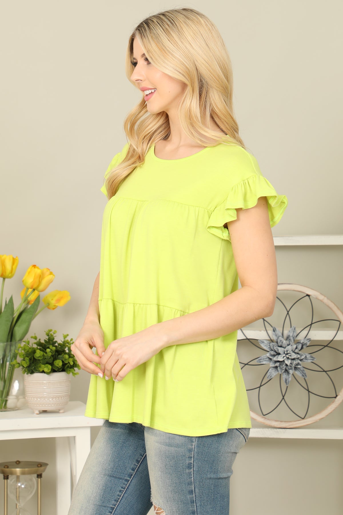 SOLID RUFFLE SLEEVE TIERED TOP 1-2-2-2