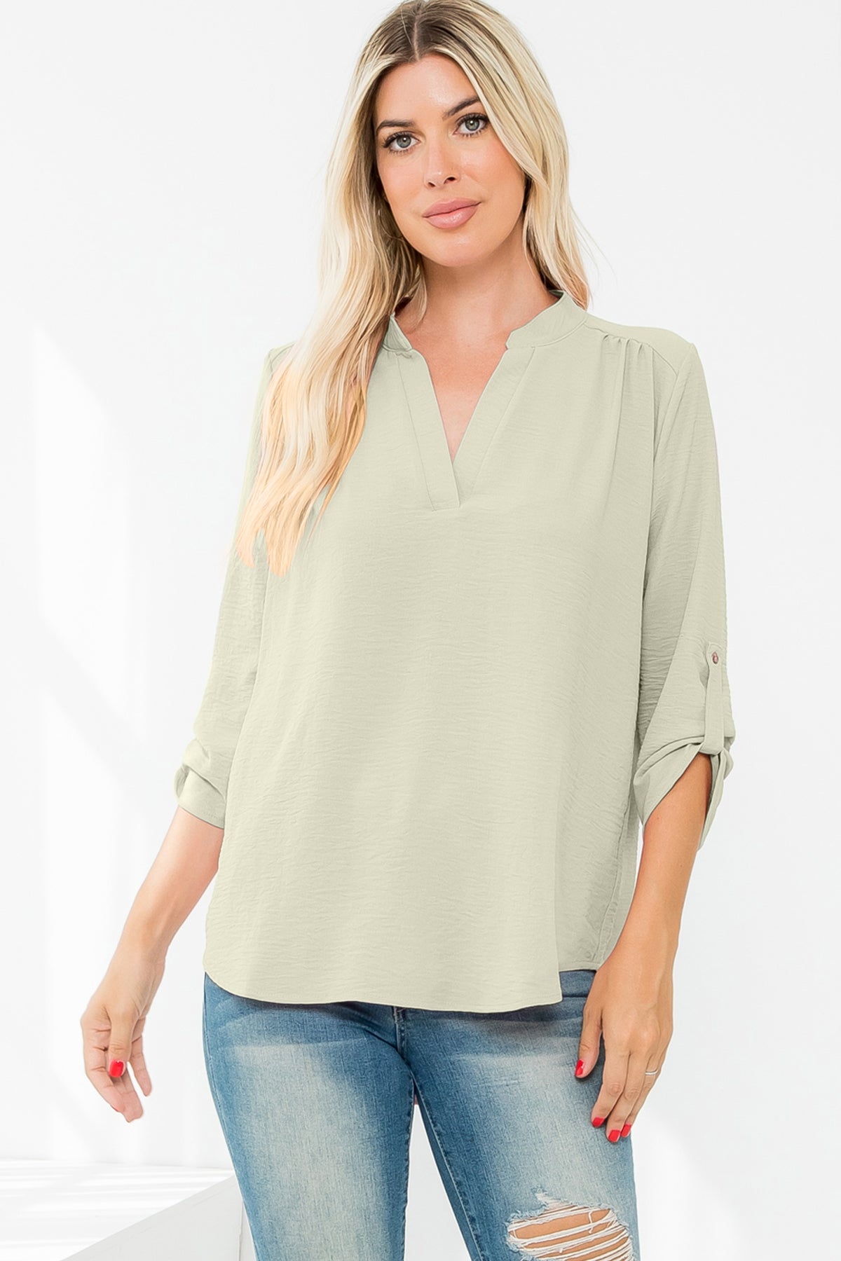 NOTCH NECK 3/4 TAB SLEEVE SOLID AIRFLOW TOP 1-1-1-1