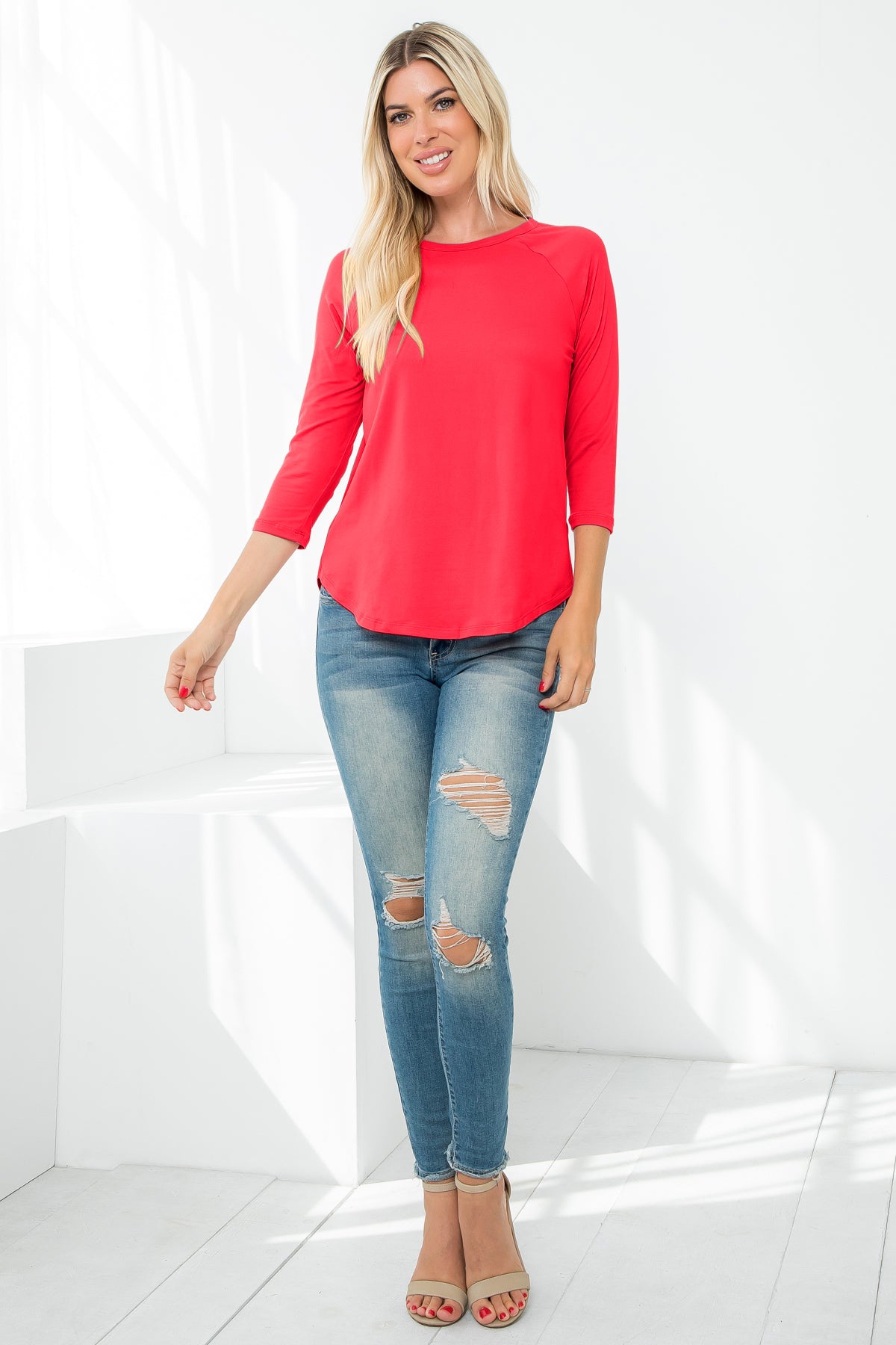 3/4 SLEEVE ROUND HEM SOLID TOP 1-1-1-1