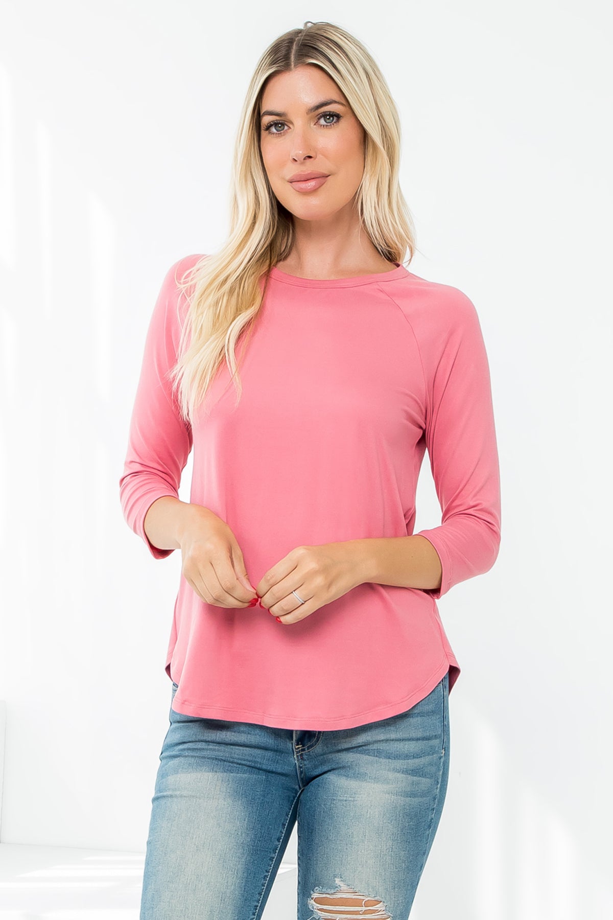 3/4 SLEEVE ROUND HEM SOLID TOP 1-1-1-1